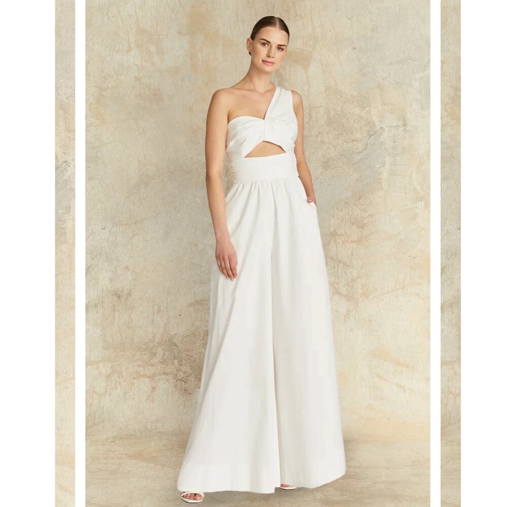 AMUR Laurie One Shoulder Wide Leg Off White Jumpsuit Cutout Pockets Sz 12